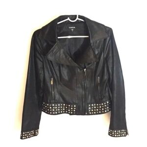 Bebe Black  Leather Style Faux Moto Jeweled Jacket Sz M